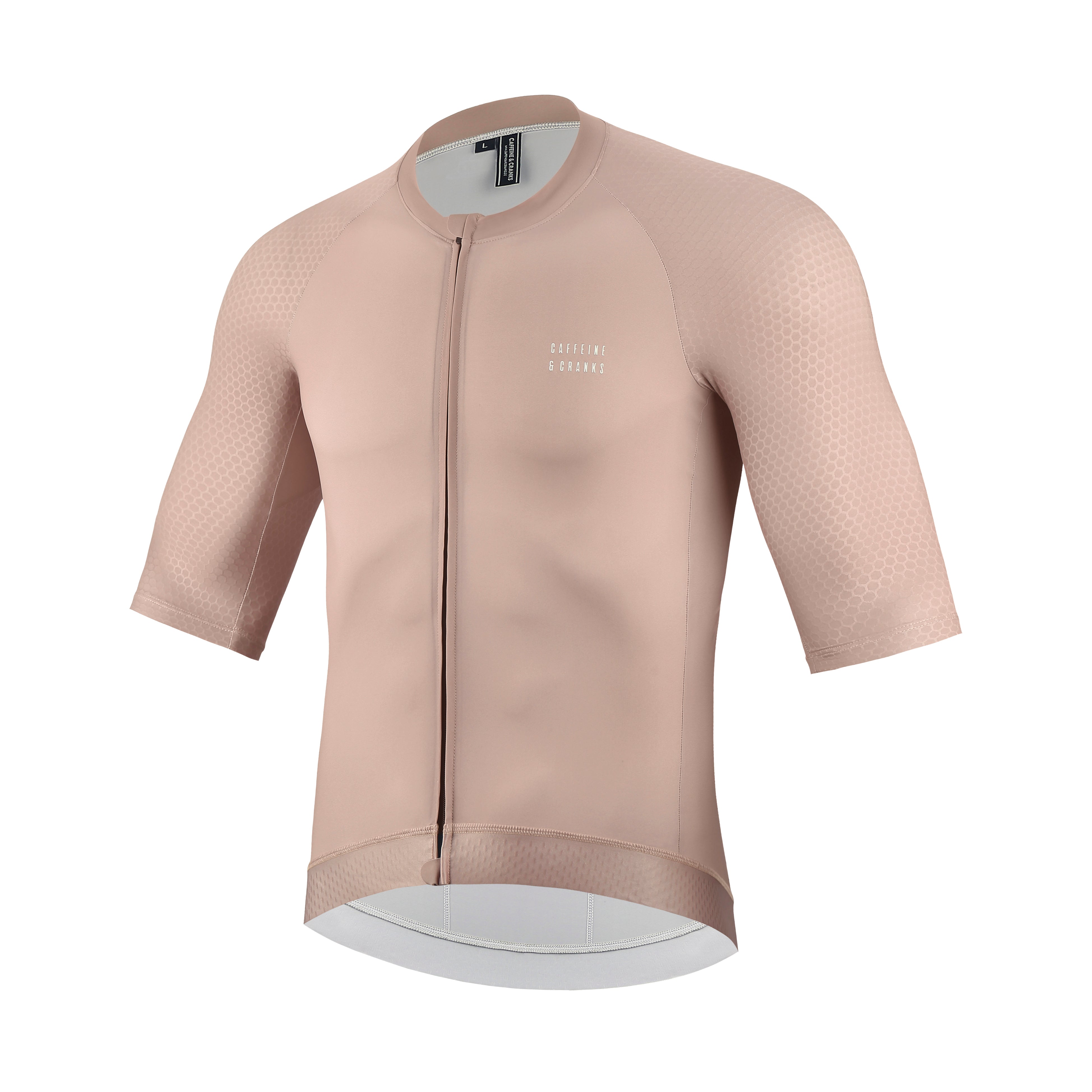 Men's clay cycling jersey with honeycomb sleeve texture and full zipper.