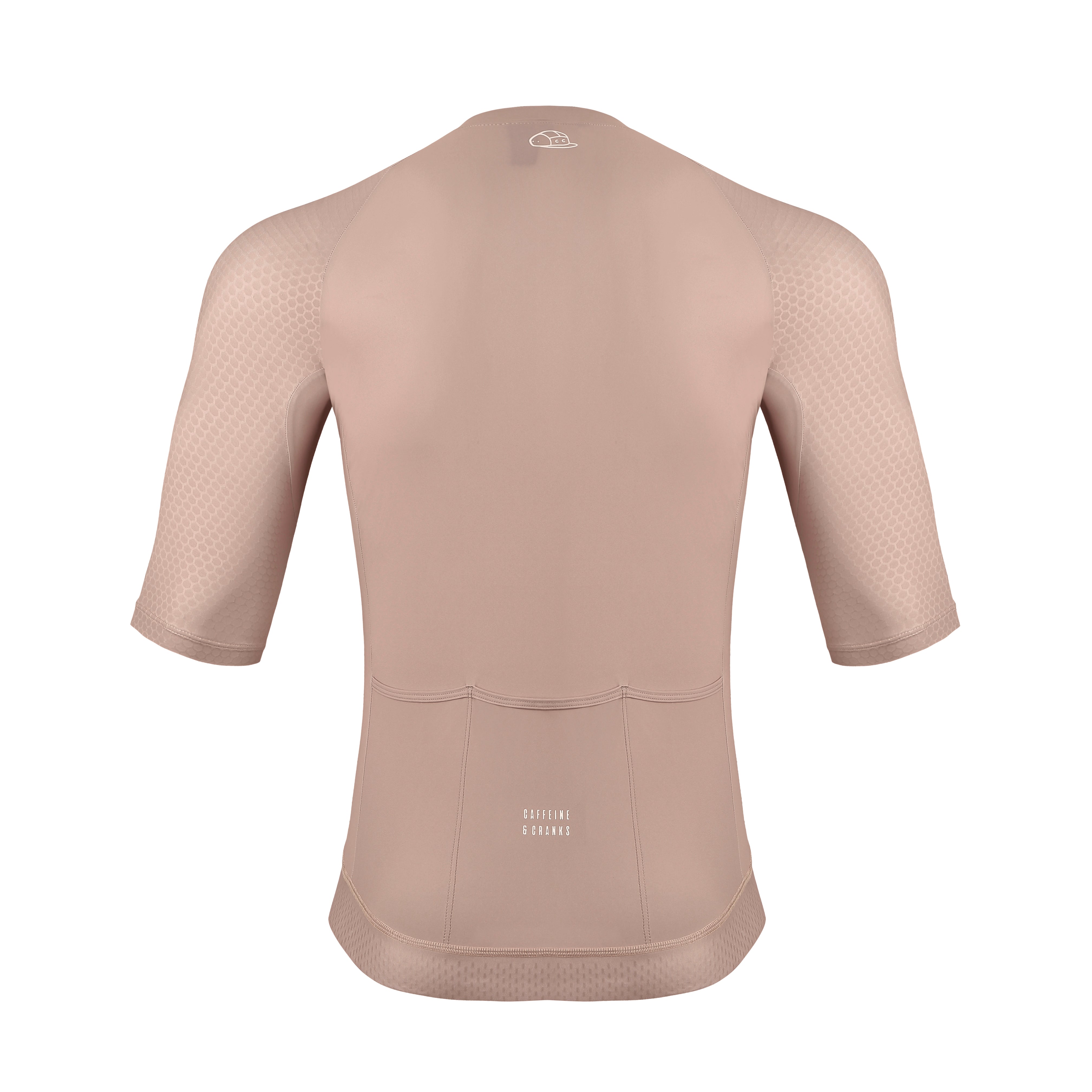 Back view of men's clay Pinnacle cycling jersey with honeycomb-patterned sleeves.
