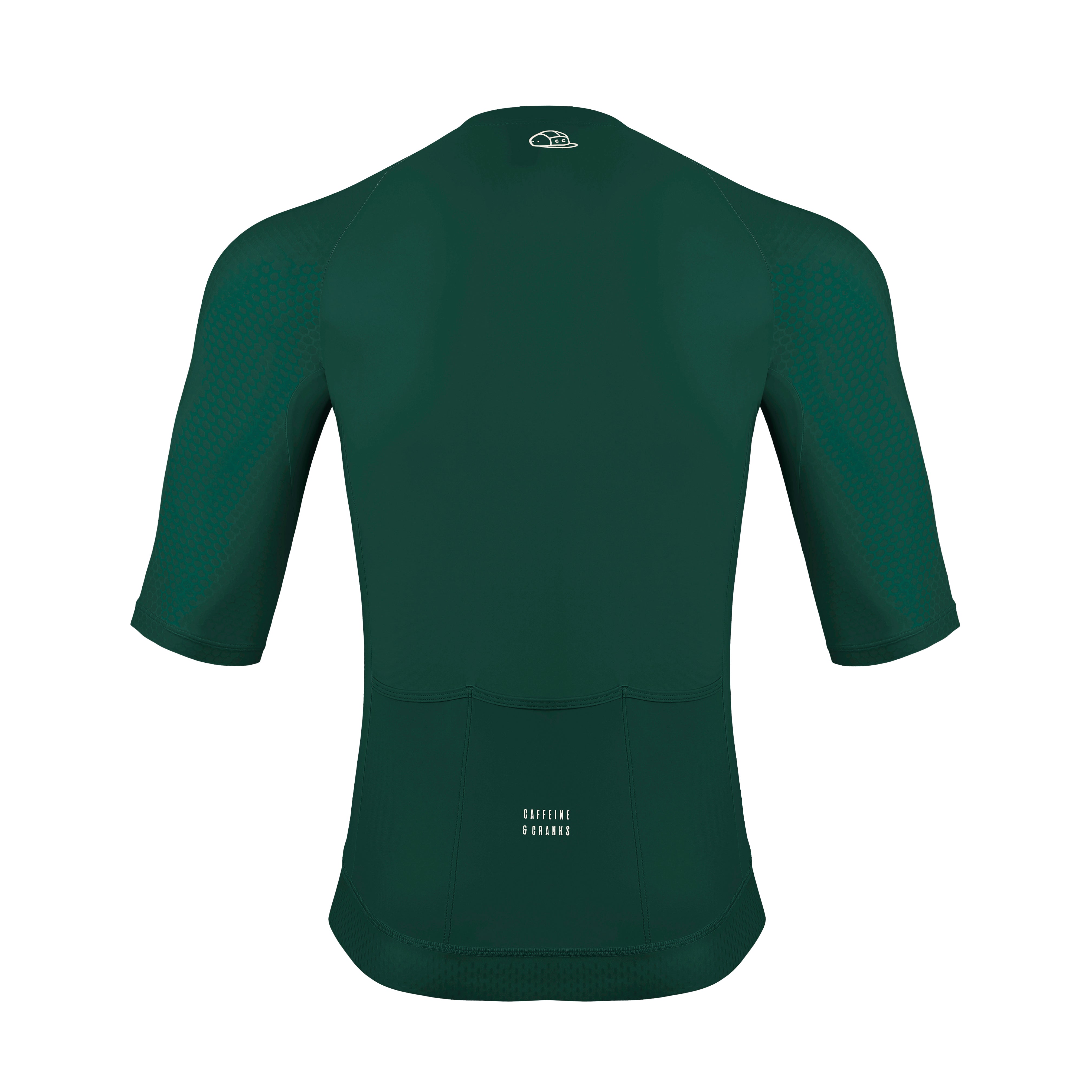 Back view of men's forest green Pinnacle jersey with white logo and three back pockets.