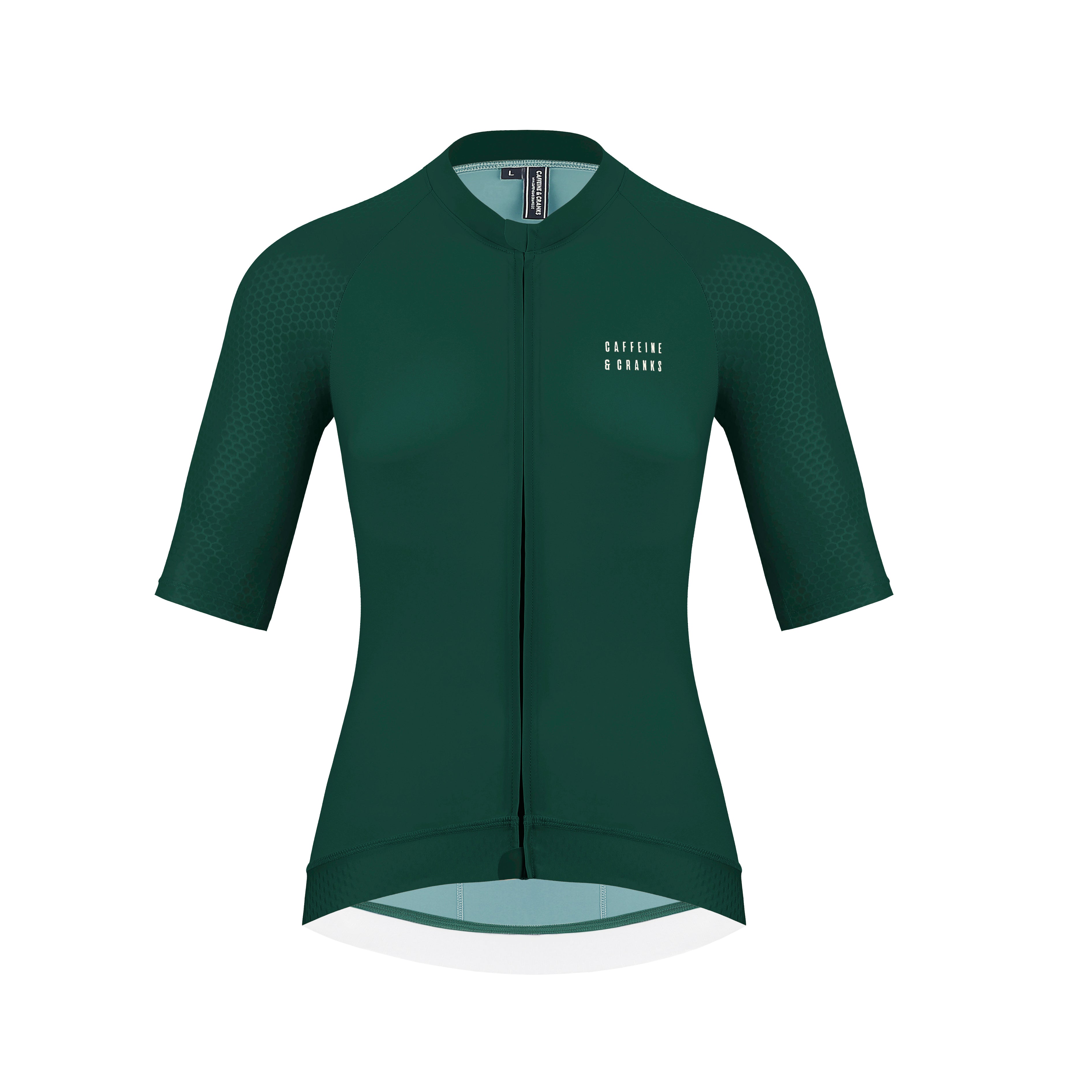 Womens' Forest Green Pinnacle Jersey with white Caffeine & Cranks logo and honeycomb sleeve detail.