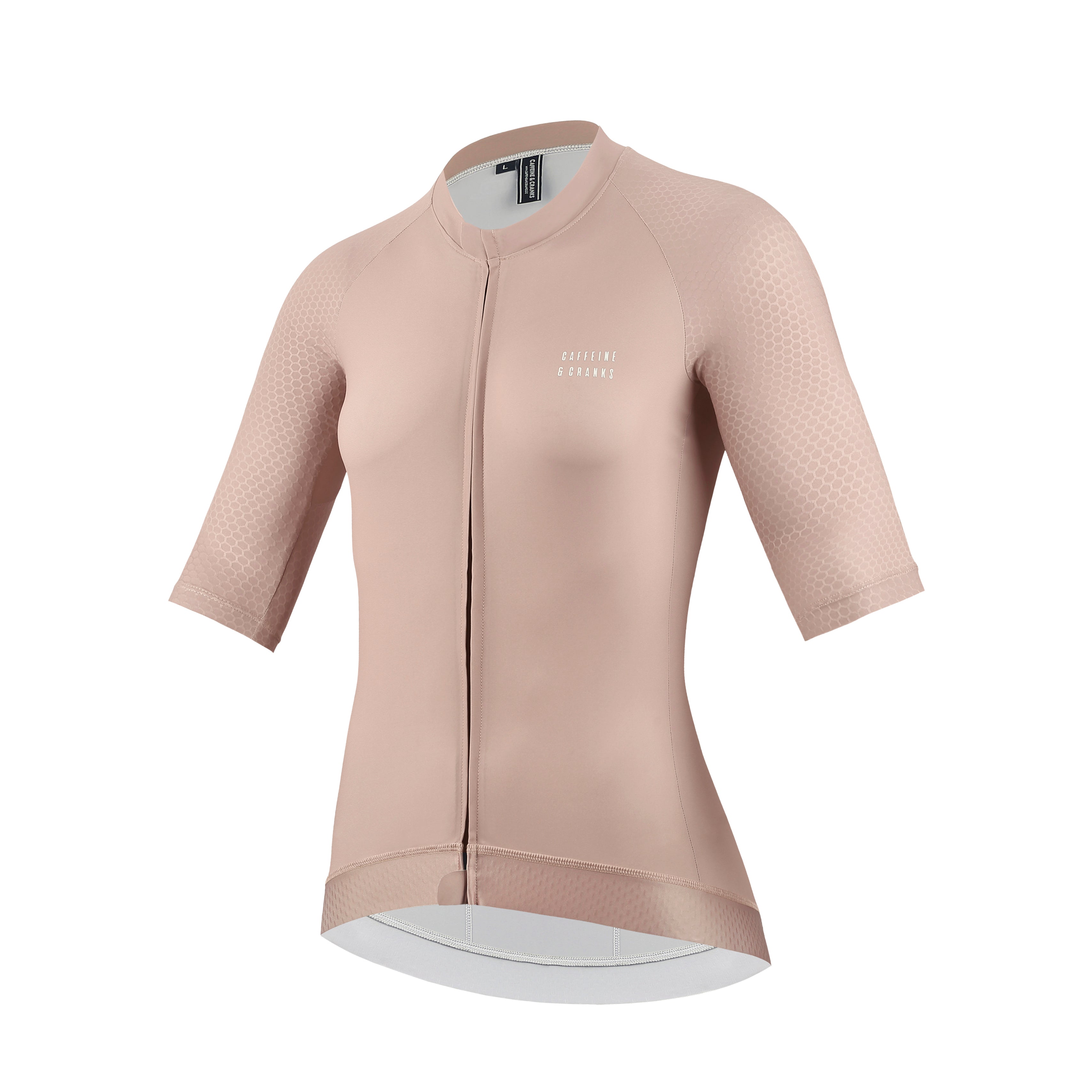 Womens Pinnacle Jersey in clay pink with honeycomb pattern sleeves and white logo.