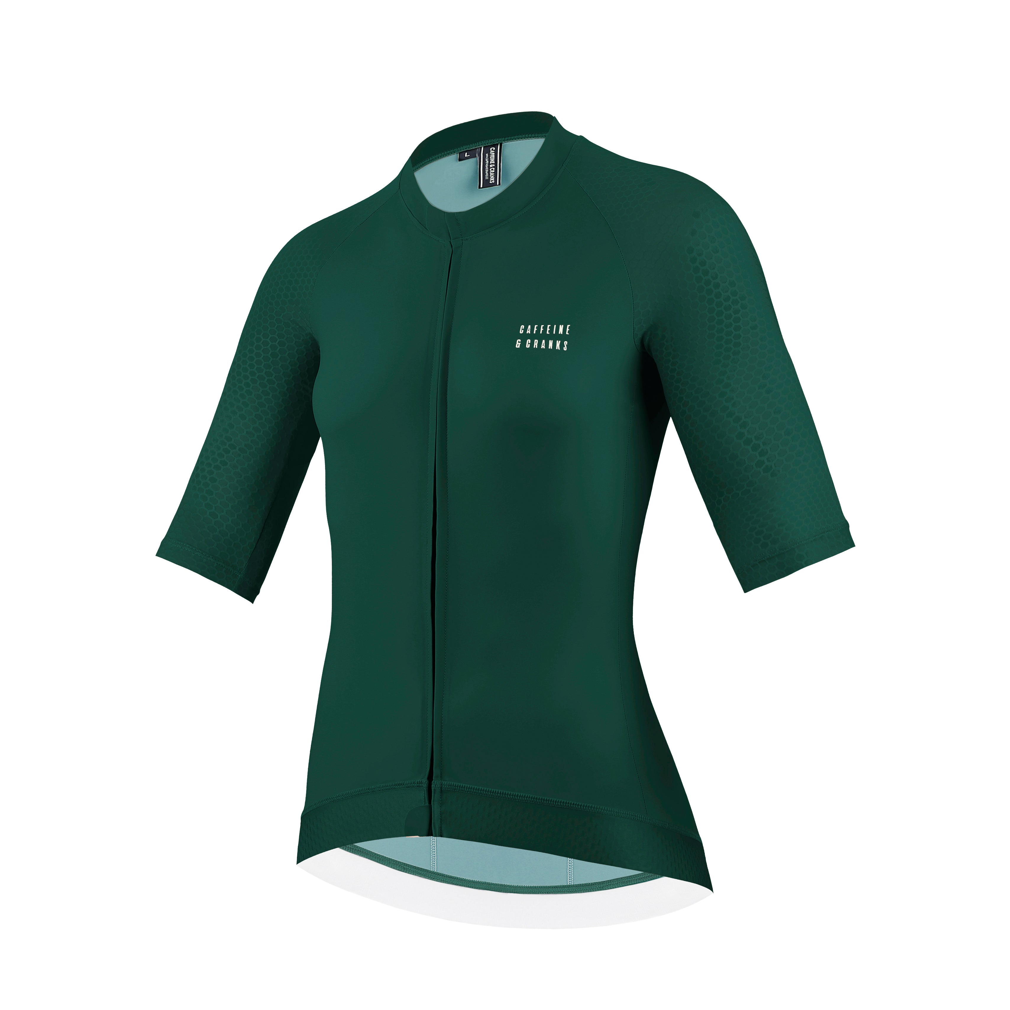 Front view of a women's dark green Pinnacle jersey with a textured honeycomb pattern on sleeves and white 'Caffeine & Cranks' logo.