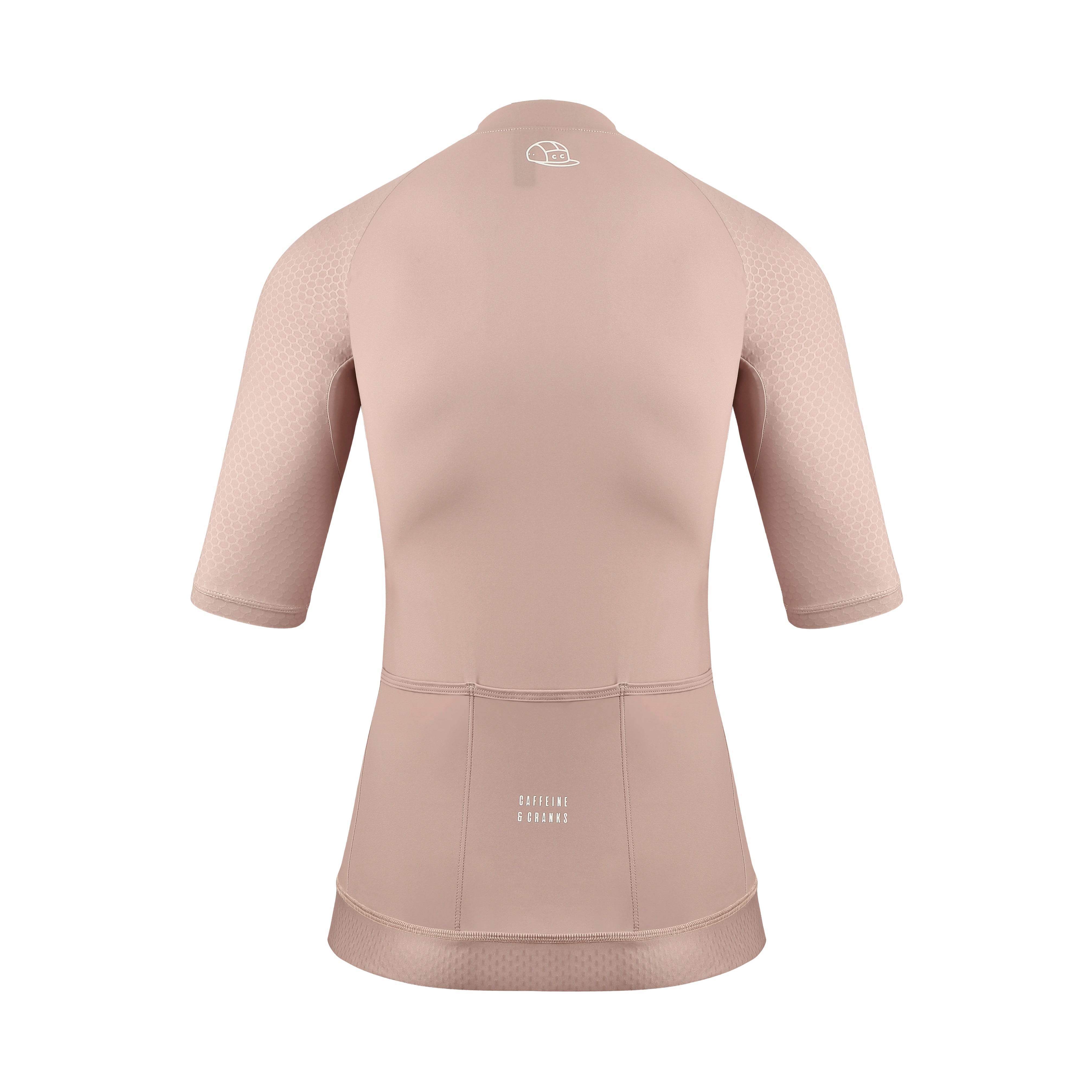 Back view of women's clay Pinnacle jersey with honeycomb sleeve details & logo.