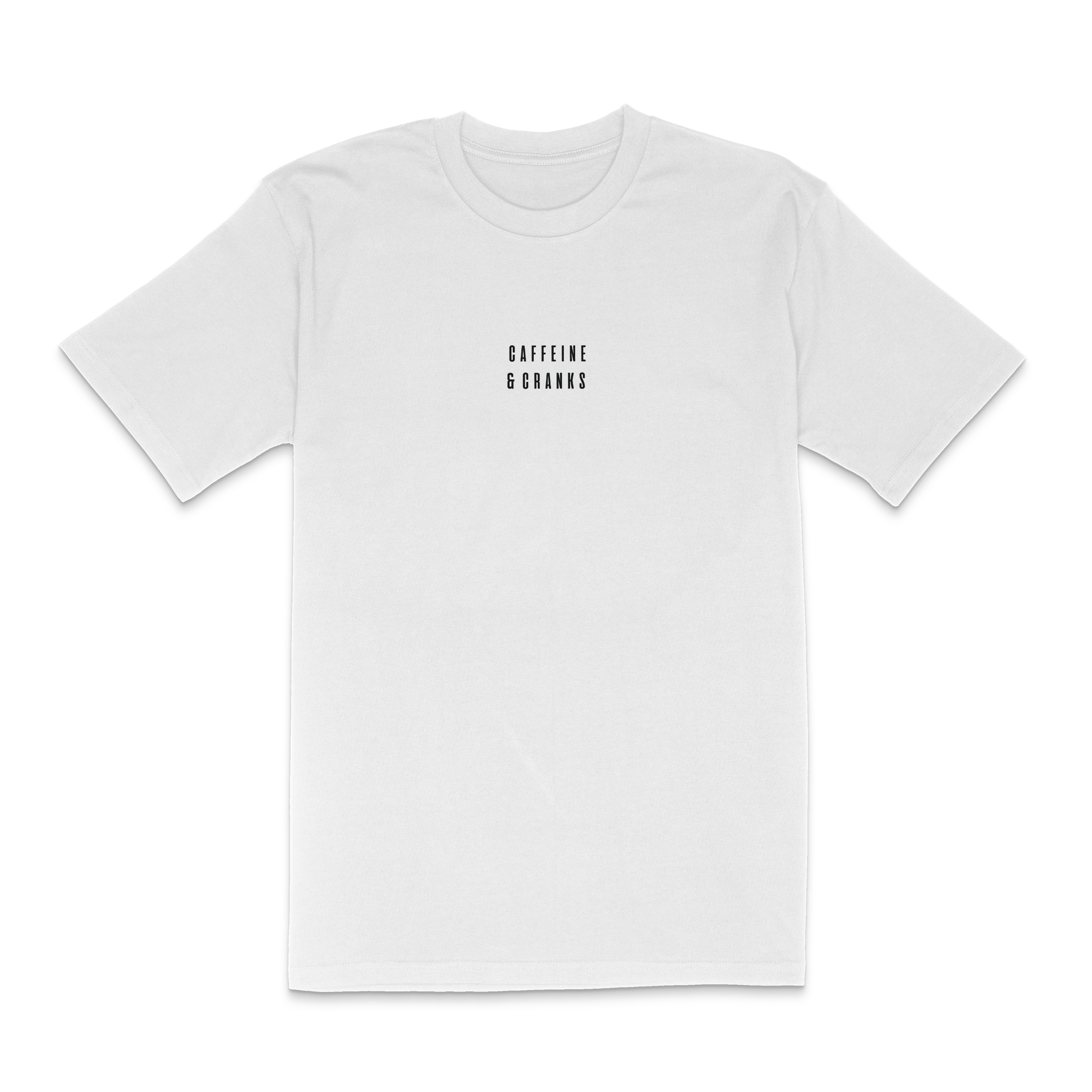Front view of a white Cranks Classic T-Shirt with black "CAFFEINE & CRANKS" text.