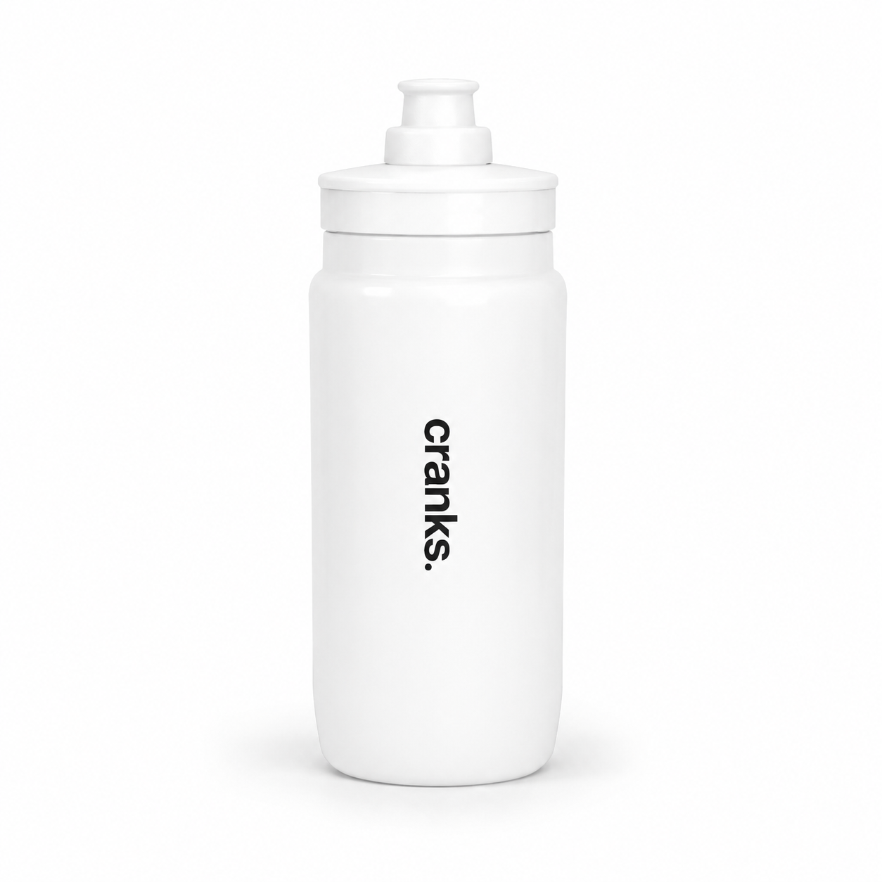 A white plastic water bottle with a matching white screw-on cap, featuring the brand name 'cranks.' printed vertically in black on the front, set against a clean white background.