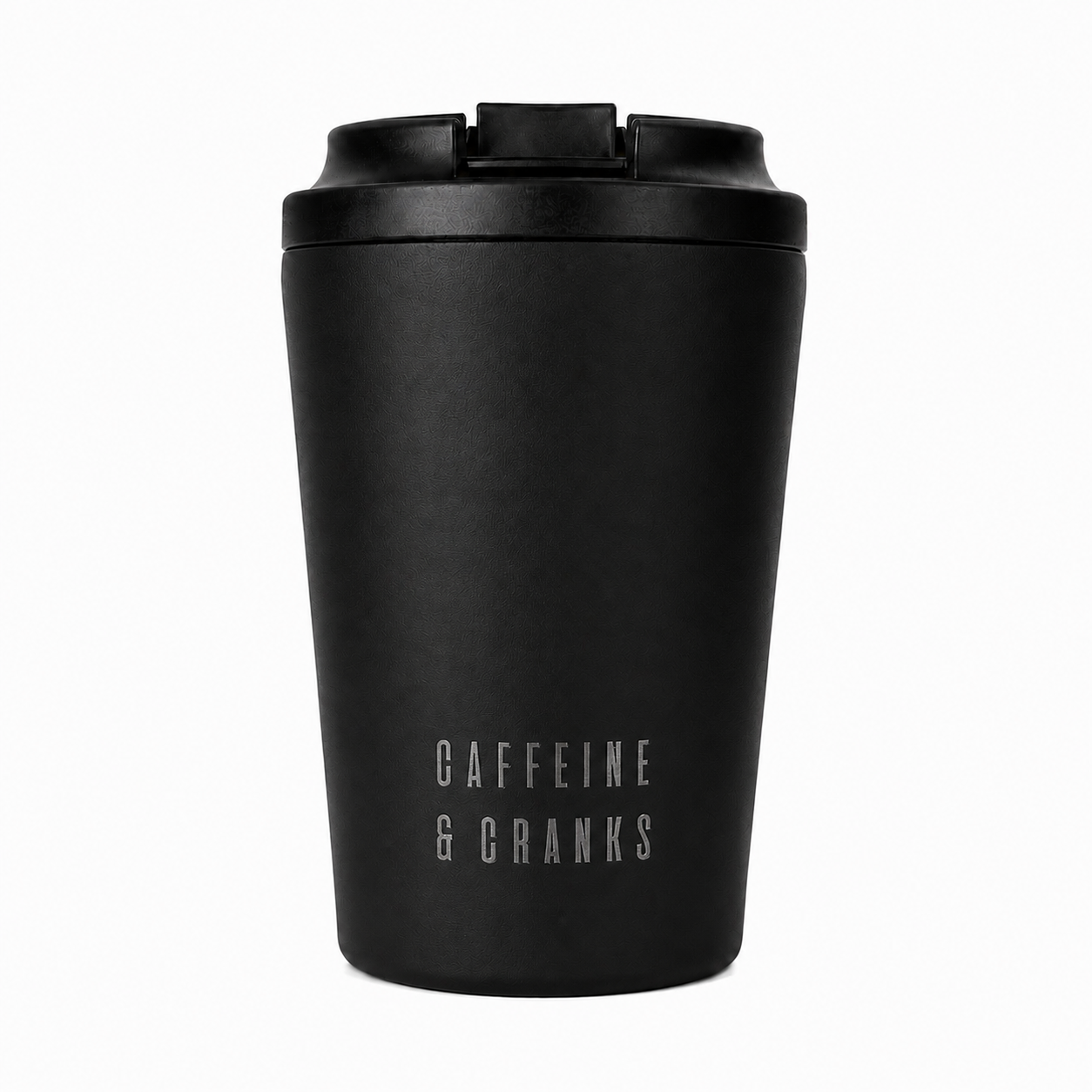 Coal Fressko Camino Cup reusable coffee cup – Caffeine & Cranks branding side | Caffeine & Cranks Australia