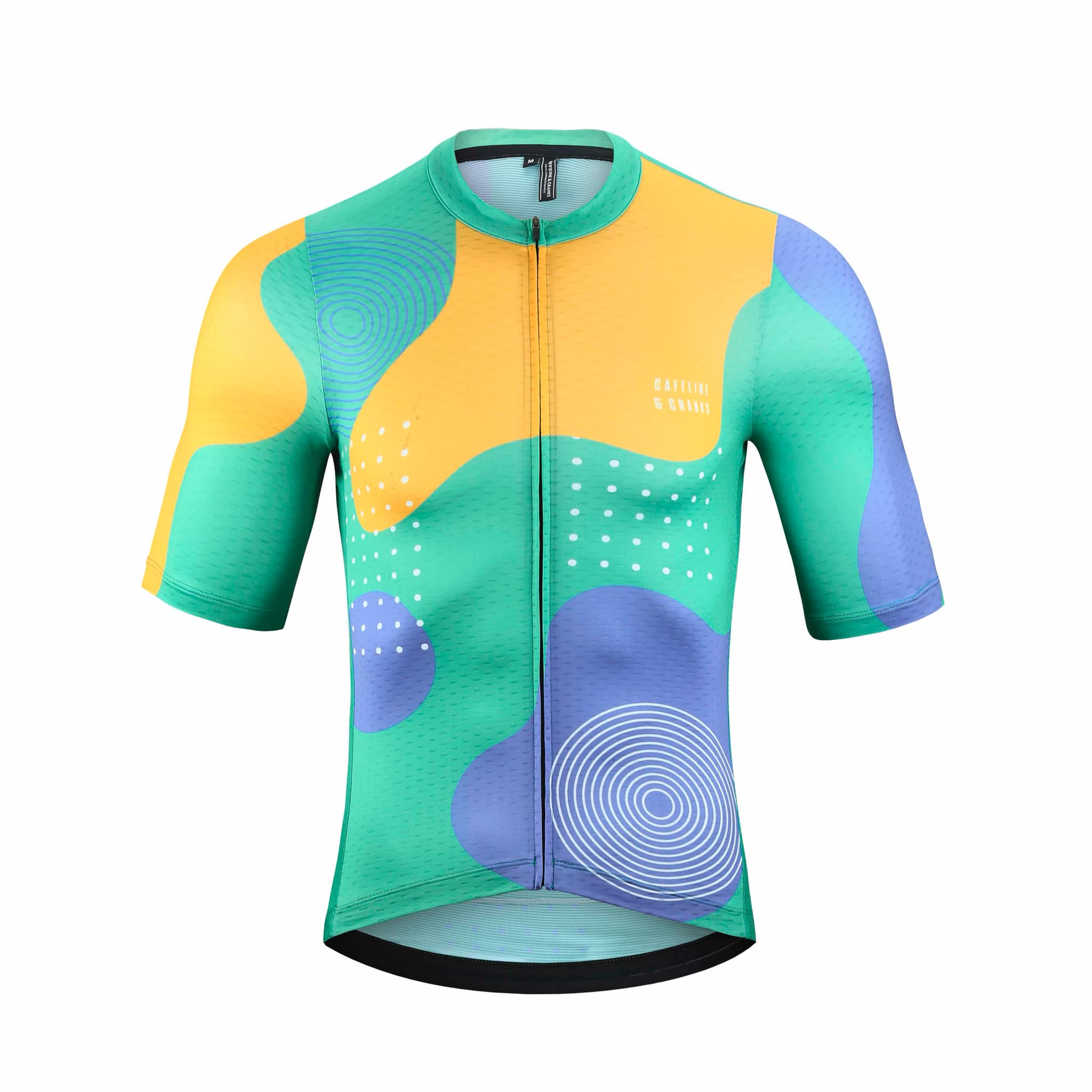 Front view of C&C Memphis Bright Jersey for women. Features geometric pattern in yellow, green, and purple with white dots.