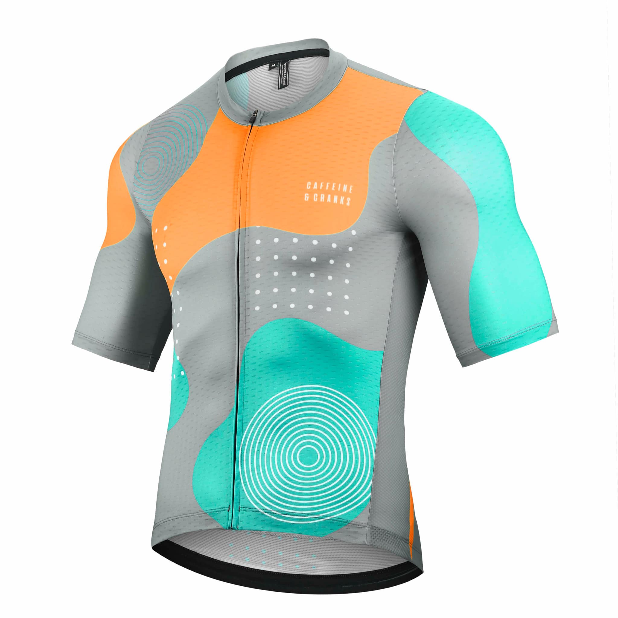 Short sleeve C&C Memphis Light Jersey, men's, gray with orange & teal abstract graphic.