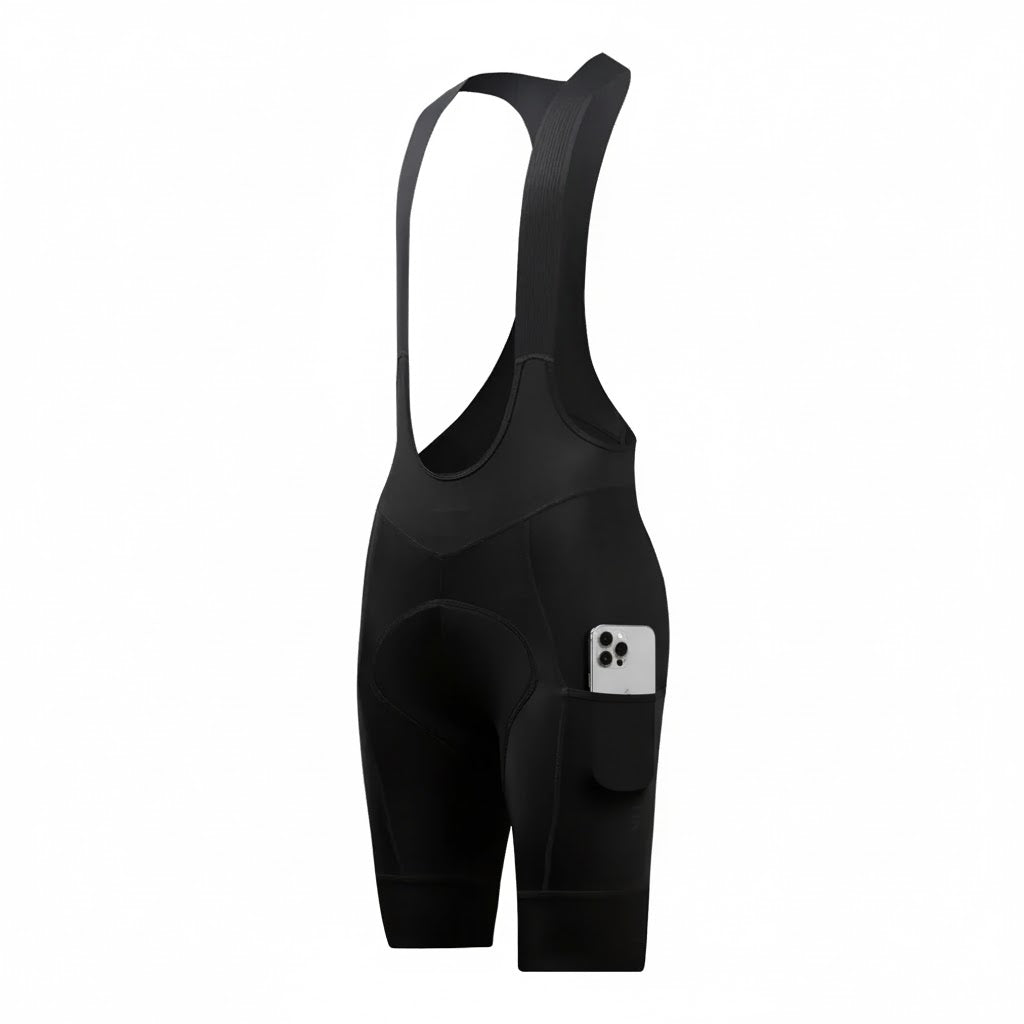 Black women's cargo bib shorts with side pockets, featuring a phone in the right hip pocket.
