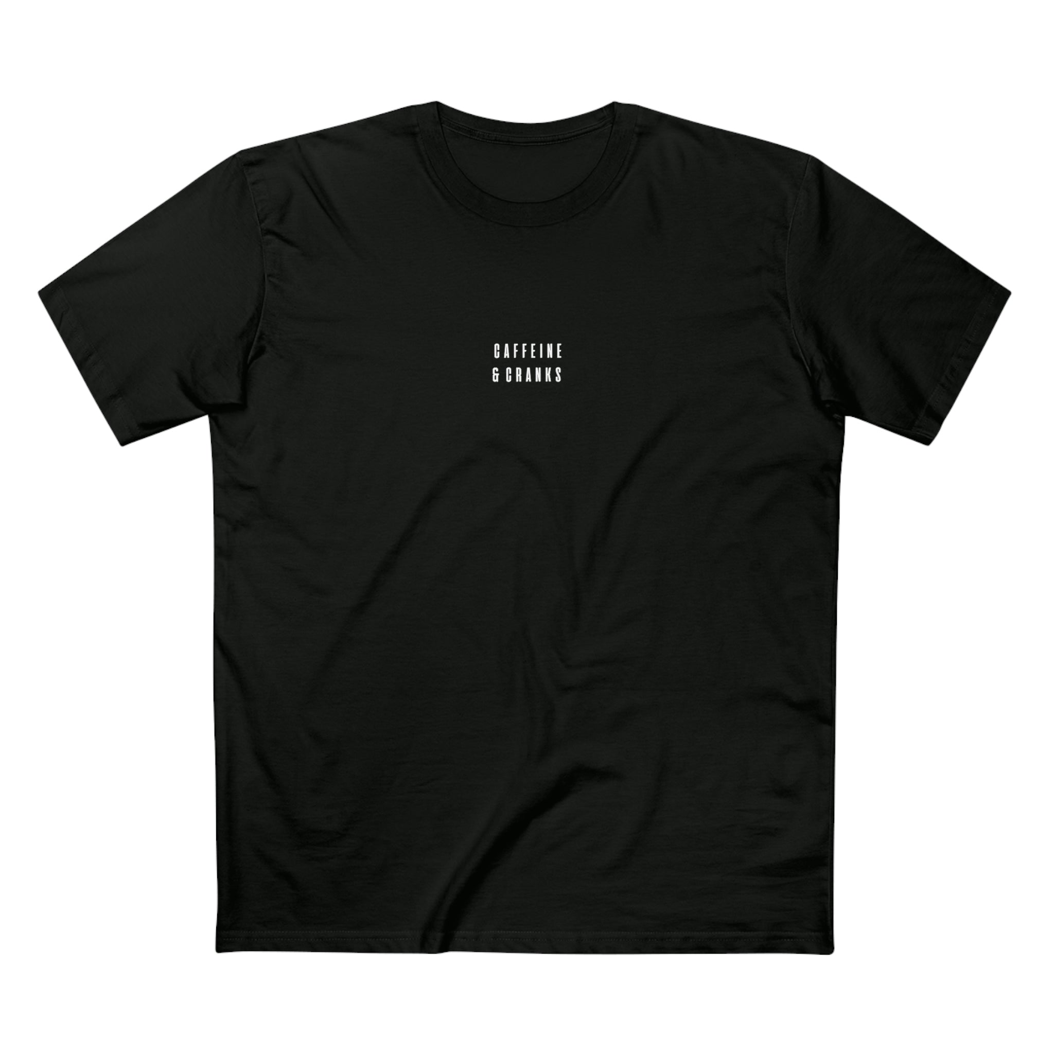 Black t-shirt with white "CAFFEINE & CRANKS" text.