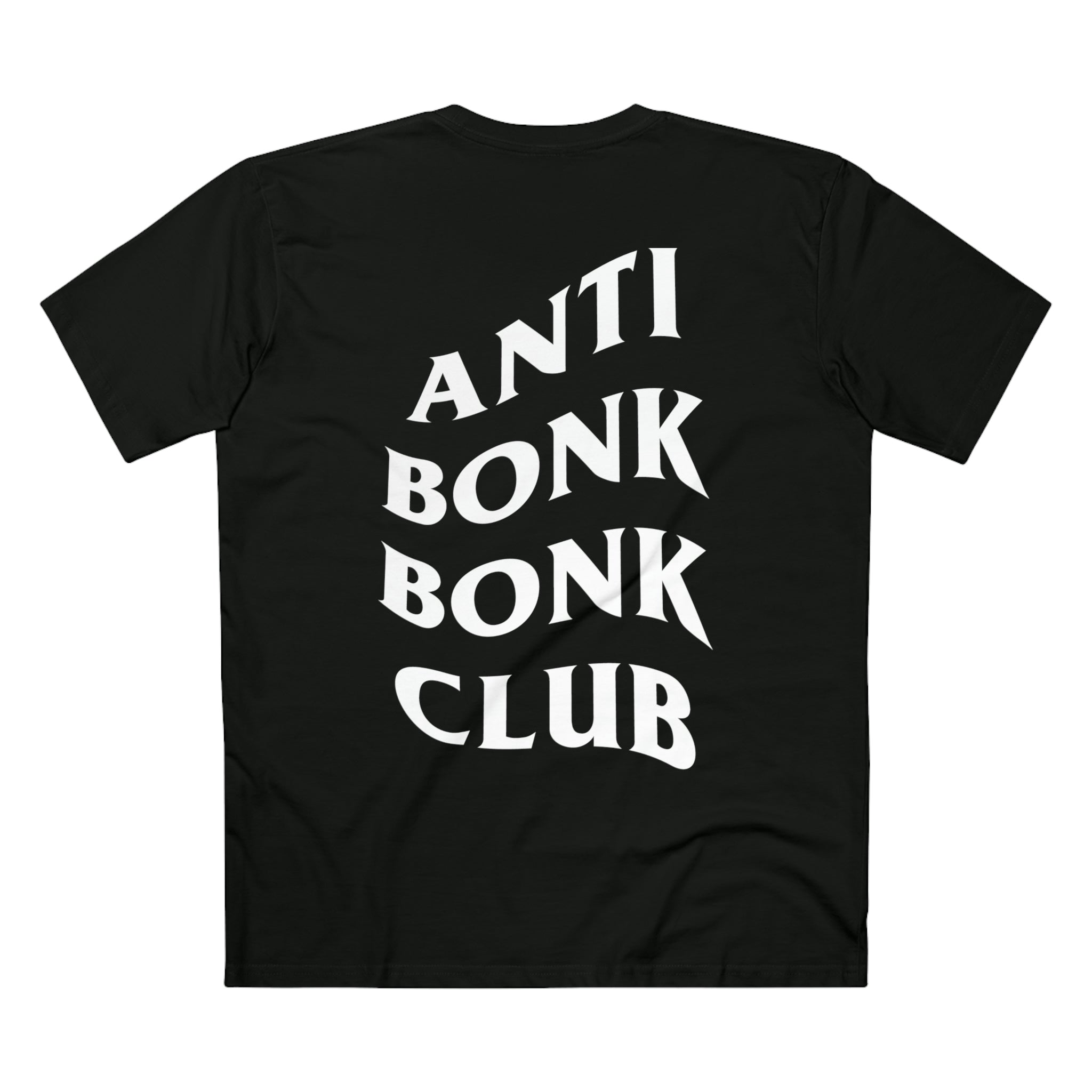 Back view of black t-shirt with white "ANTI BONK BONK CLUB" text.