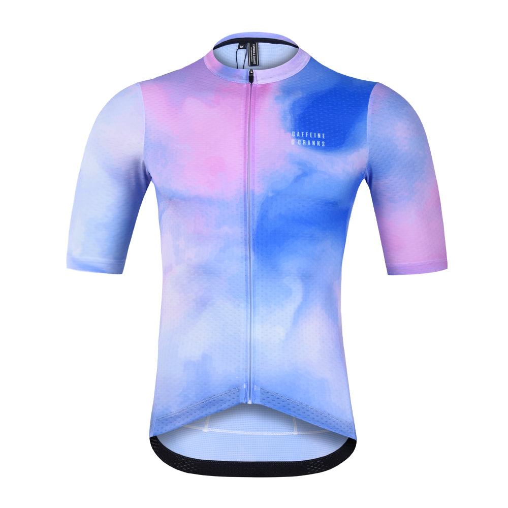 Front view of C&C Coral Jersey for men, featuring a blue and pink cloud-like pattern.