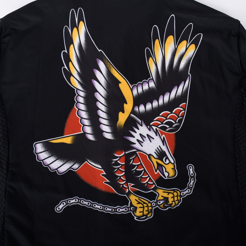 C&C Tattoo Series Eagle Jersey, mens. Black with eagle, red sun, & chain graphic. Yellow/white/purple details.