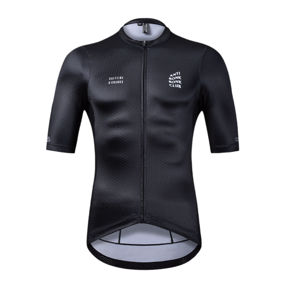 Front view of a men's dark C&C Bonk Club cycling jersey with white text and a textured pattern.