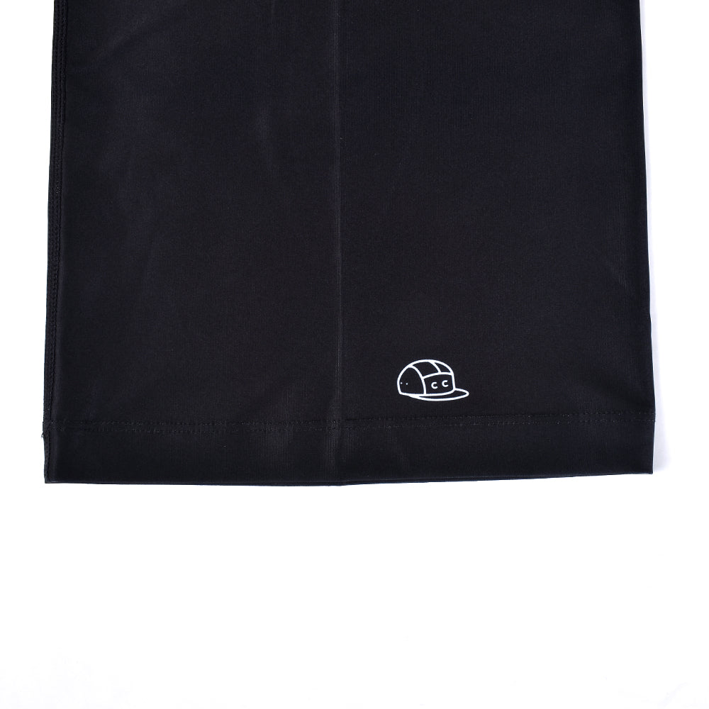 Close-up of a black C&C neck warmer with a white logo.
