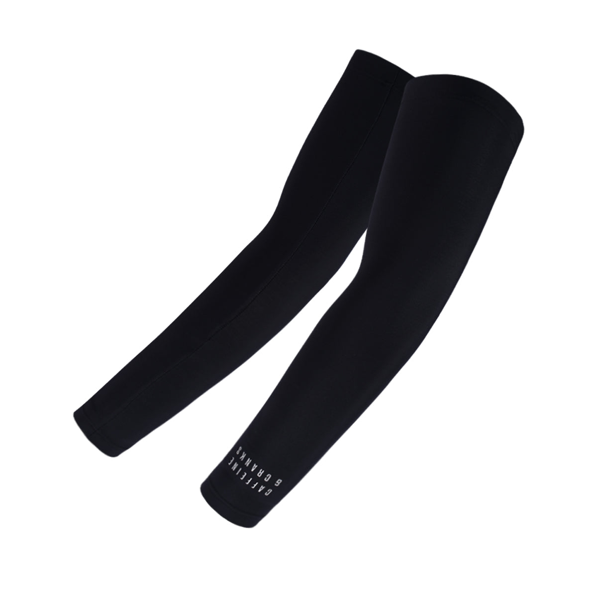 Pair of black thermal arm warmers with white branding.