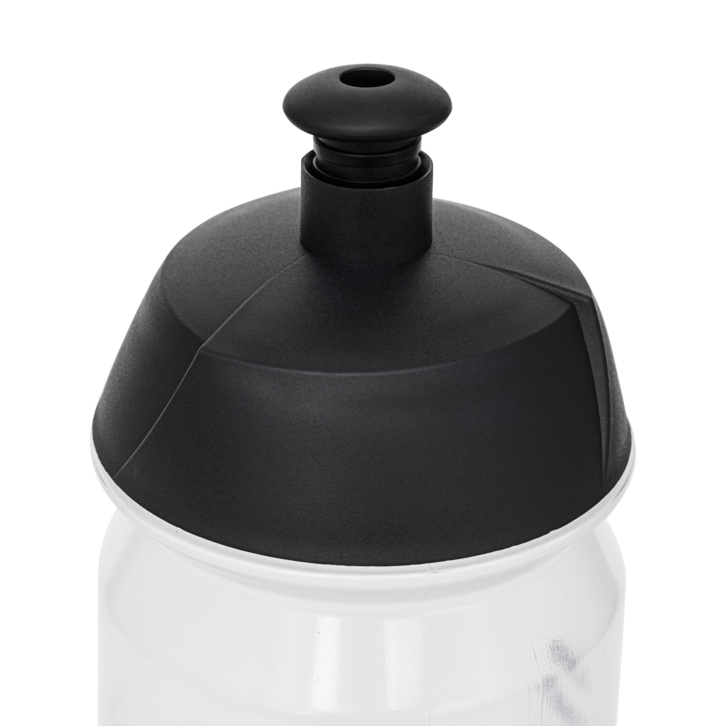 Close-up shot of the EDITION.02 Bidon's black cap and clear bottle.