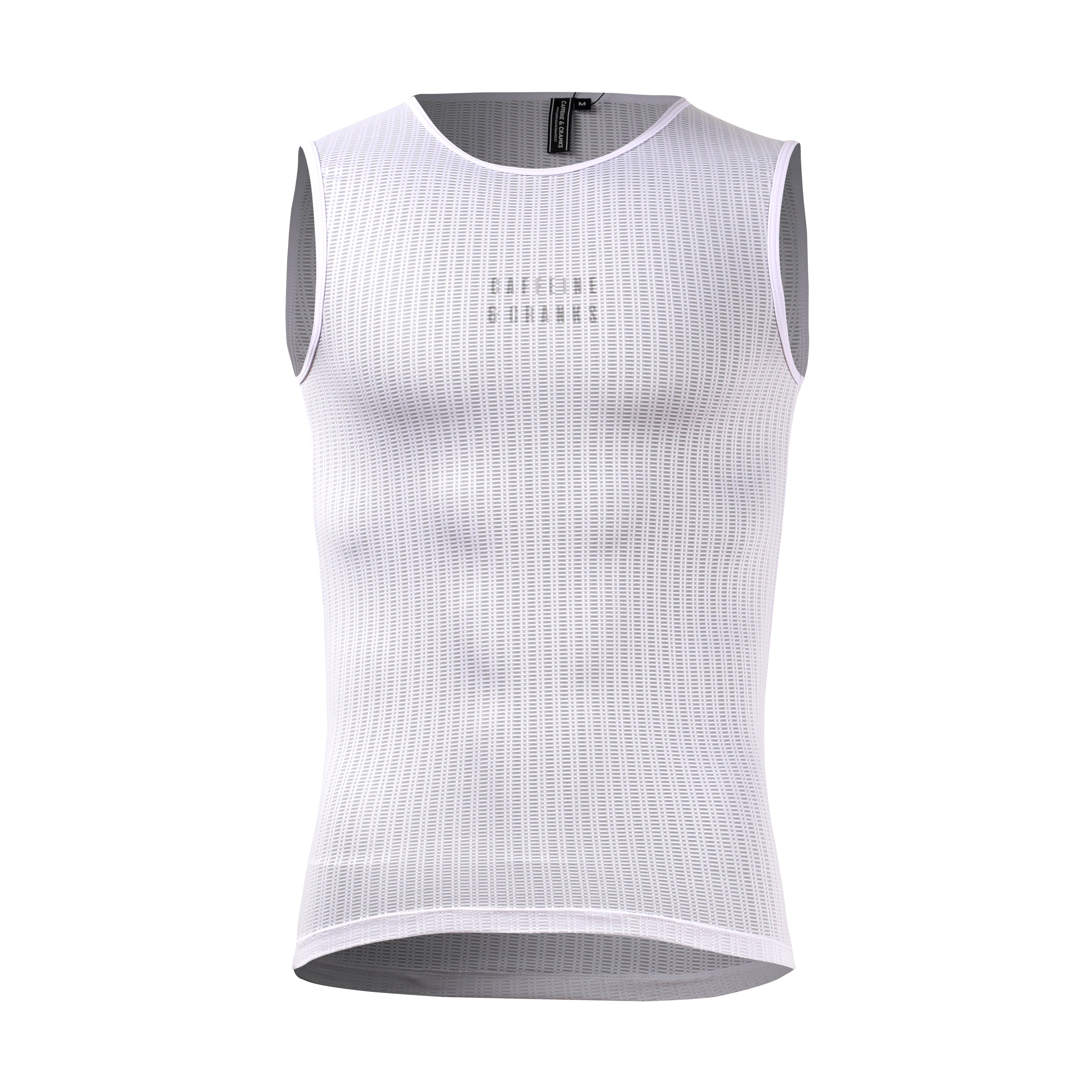 Men's C&C Core Baselayer in white, front view. Lightweight, sleeveless performance top.