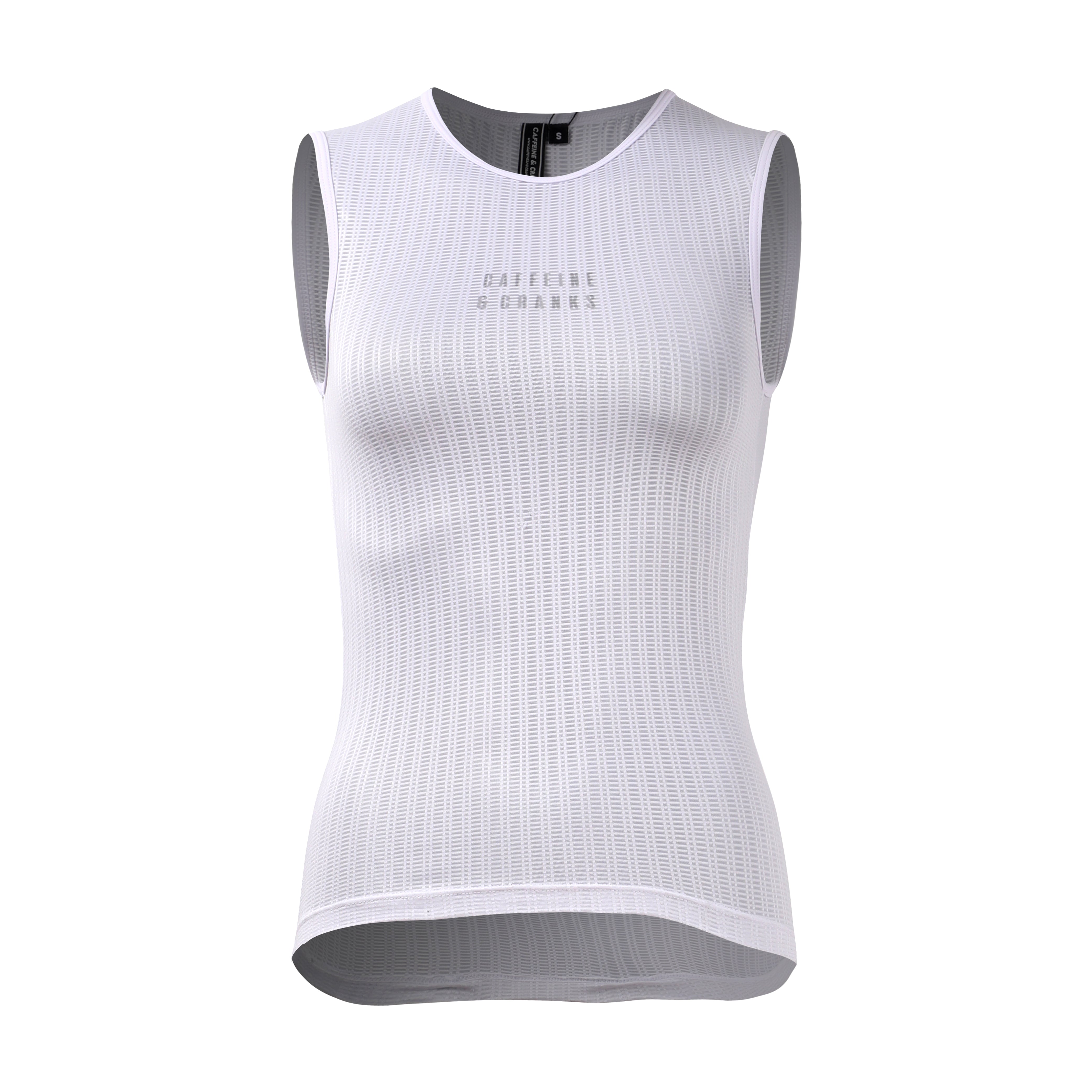 Front view of a women's white C&C Core sleeveless baselayer with a white trim and textured grid pattern.