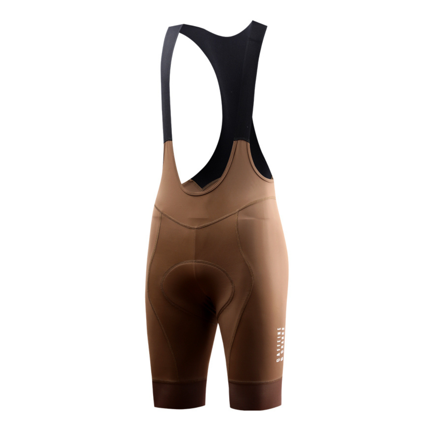 Front view of men's mocha brown Core Bib Shorts with black straps & logo.