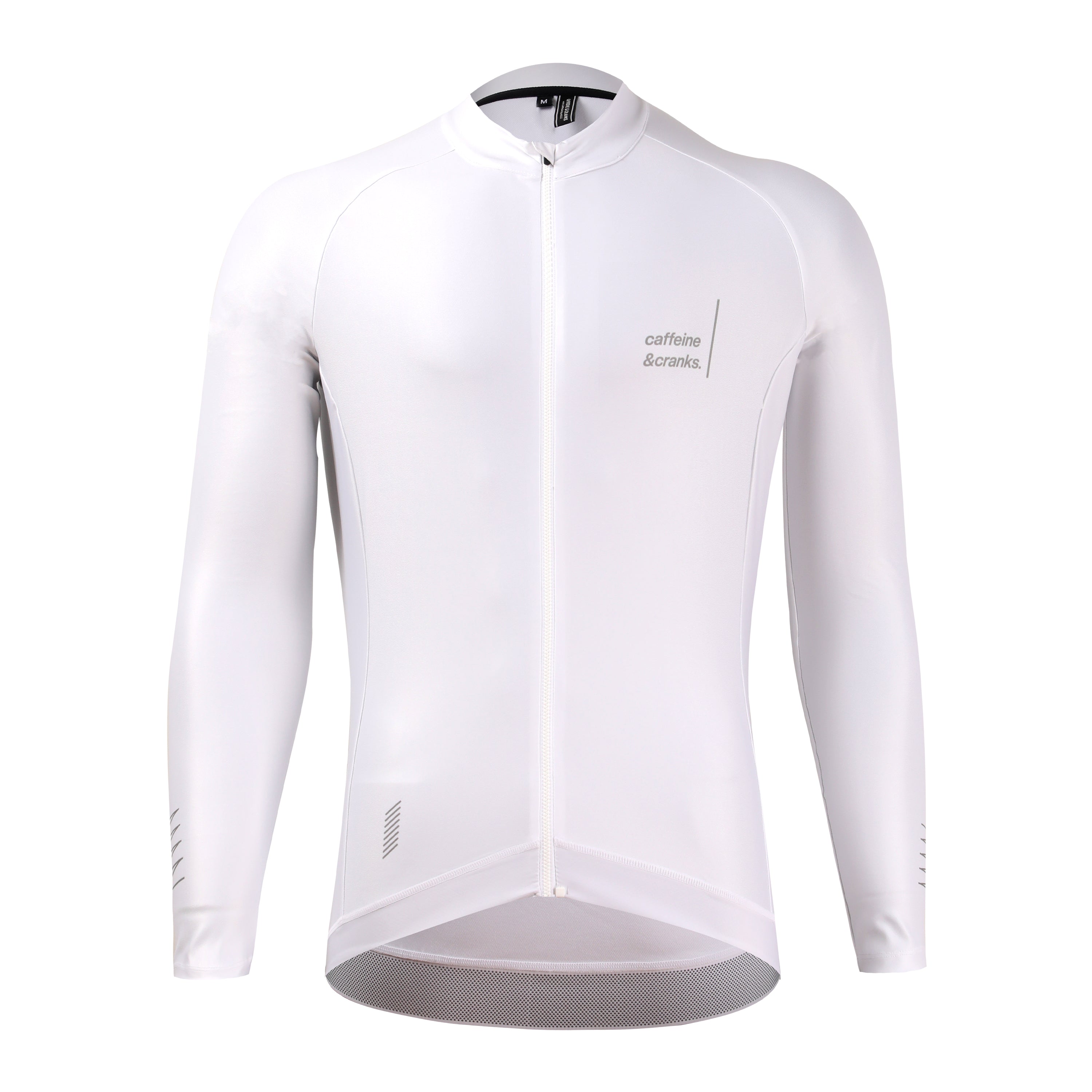 Full view of mens white Pinnacle Thermal Jersey with grey logo.