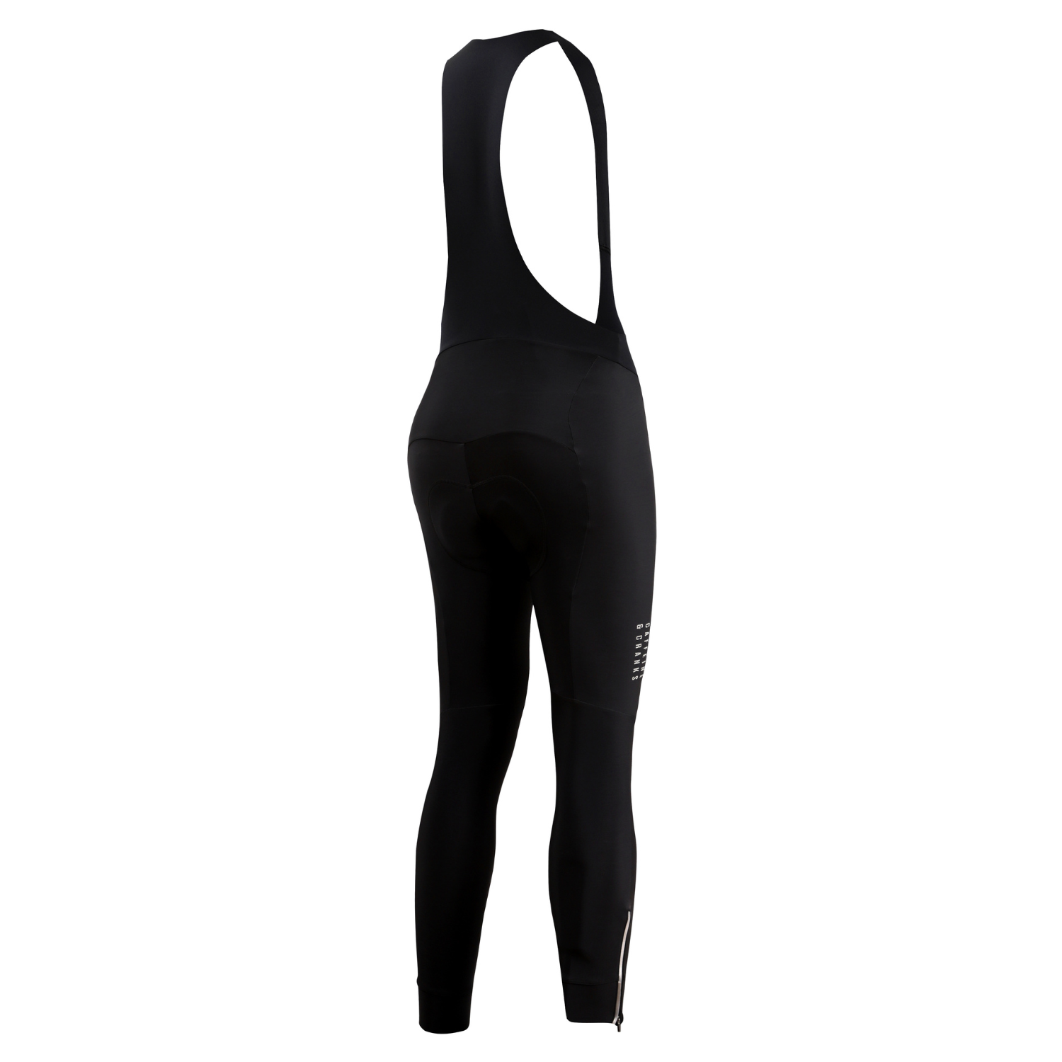 Men's black thermal bib tights, side view, featuring padded seat and zip ankles.
