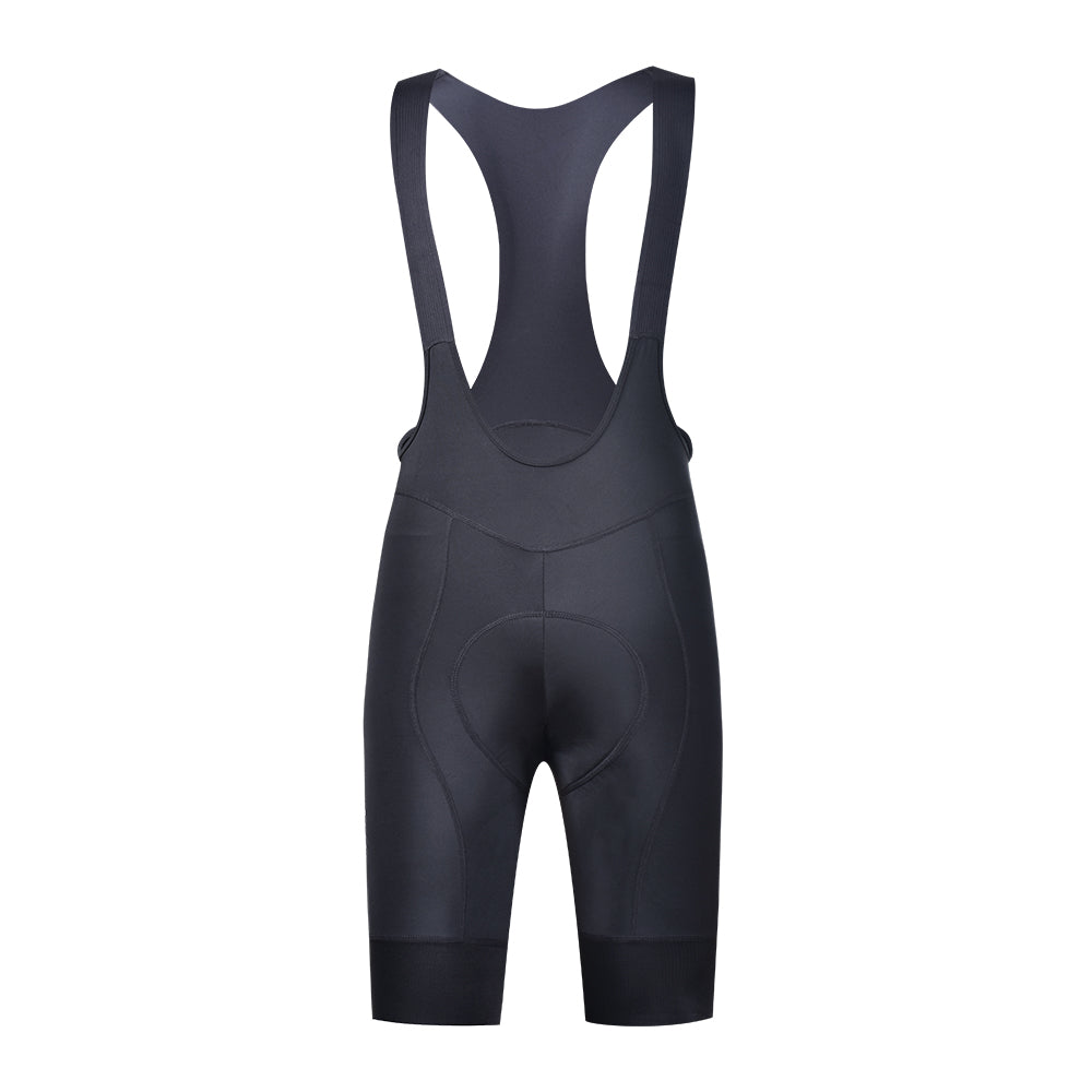 Back view of women's black core bib shorts with padded seat and wide straps.