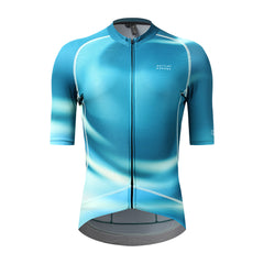 C&C Flux Jersey - Womens, front view, blue & white gradient, striped texture, full zip.