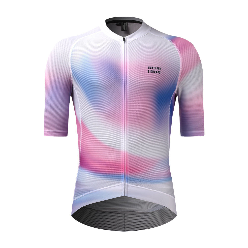 Front view of men's C&C Drift Jersey with abstract pink, blue, and white gradient design.