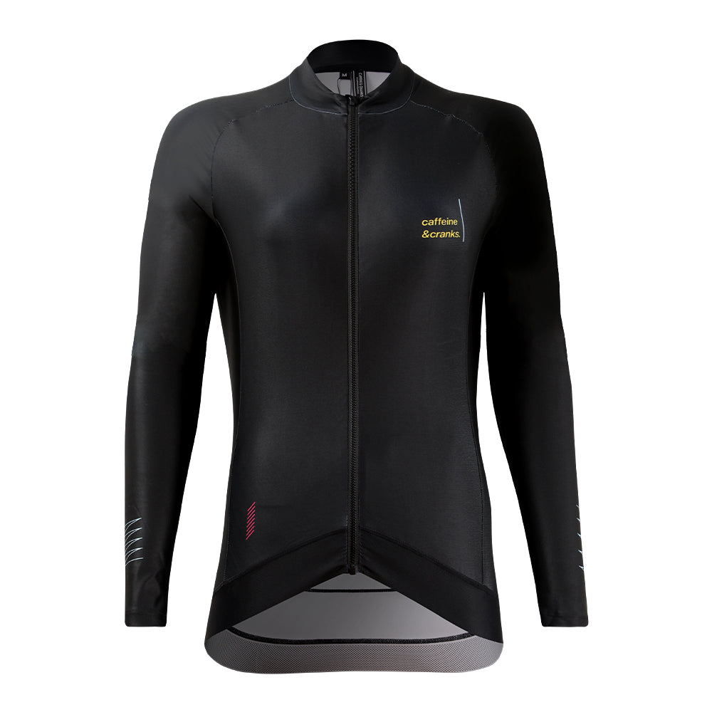 Women's black long-sleeve cycling jersey with yellow logo and reflective details.