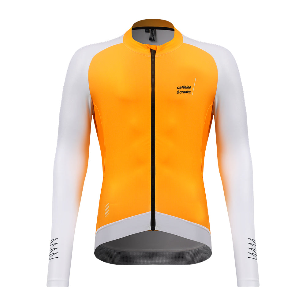 Mens' Pinnacle Thermal Jersey with orange front, white sleeves, and black logo.