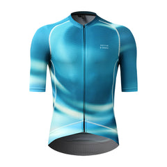Front view of C&C Flux Jersey - Mens in blue with white graphic accents and full zipper.