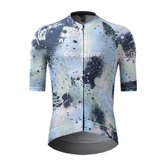 Men's C&C Overspray Jersey front view, light blue, grey & navy splatter print, short sleeves.