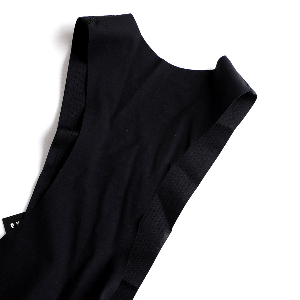 Black Core Bib Shorts for women. Close-up of the bib straps with textured elastic bands.