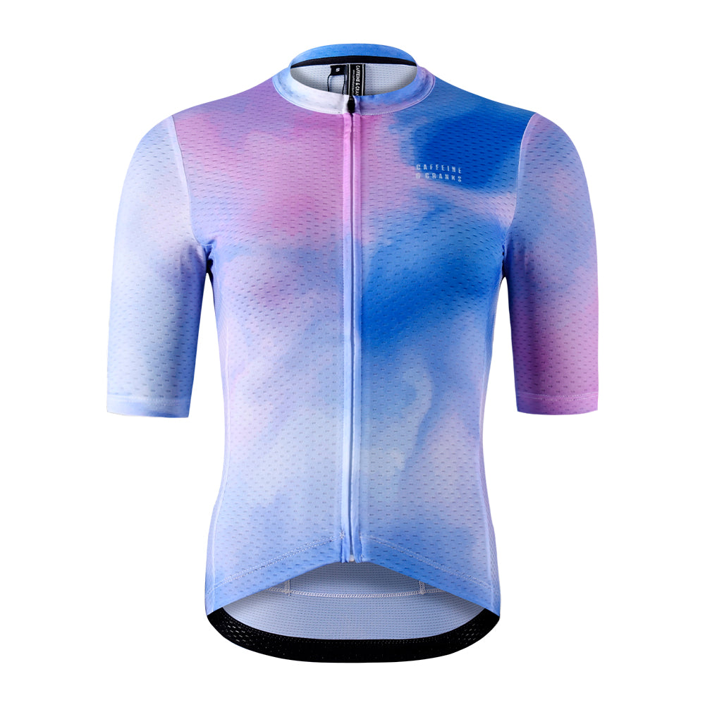 Front view of C&C Coral Jersey, women's, with pink & blue tie-dye print, mid-length sleeves.