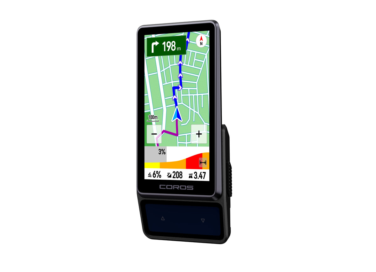 COROS DURA 2 Solar GPS bike computer, angled front view showing the 3.5 inch touchscreen navigation map and solar panel