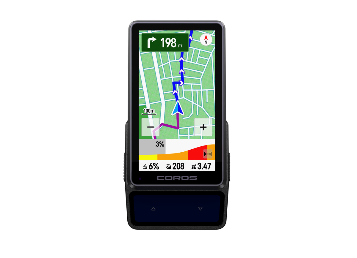 COROS DURA 2 Solar GPS bike computer, front view of the 3.5 inch colour touchscreen with turn-by-turn navigation