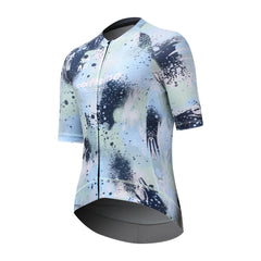 C&C Overspray Jersey - Womens, abstract blue, green, & navy print, short sleeves, zipped front.