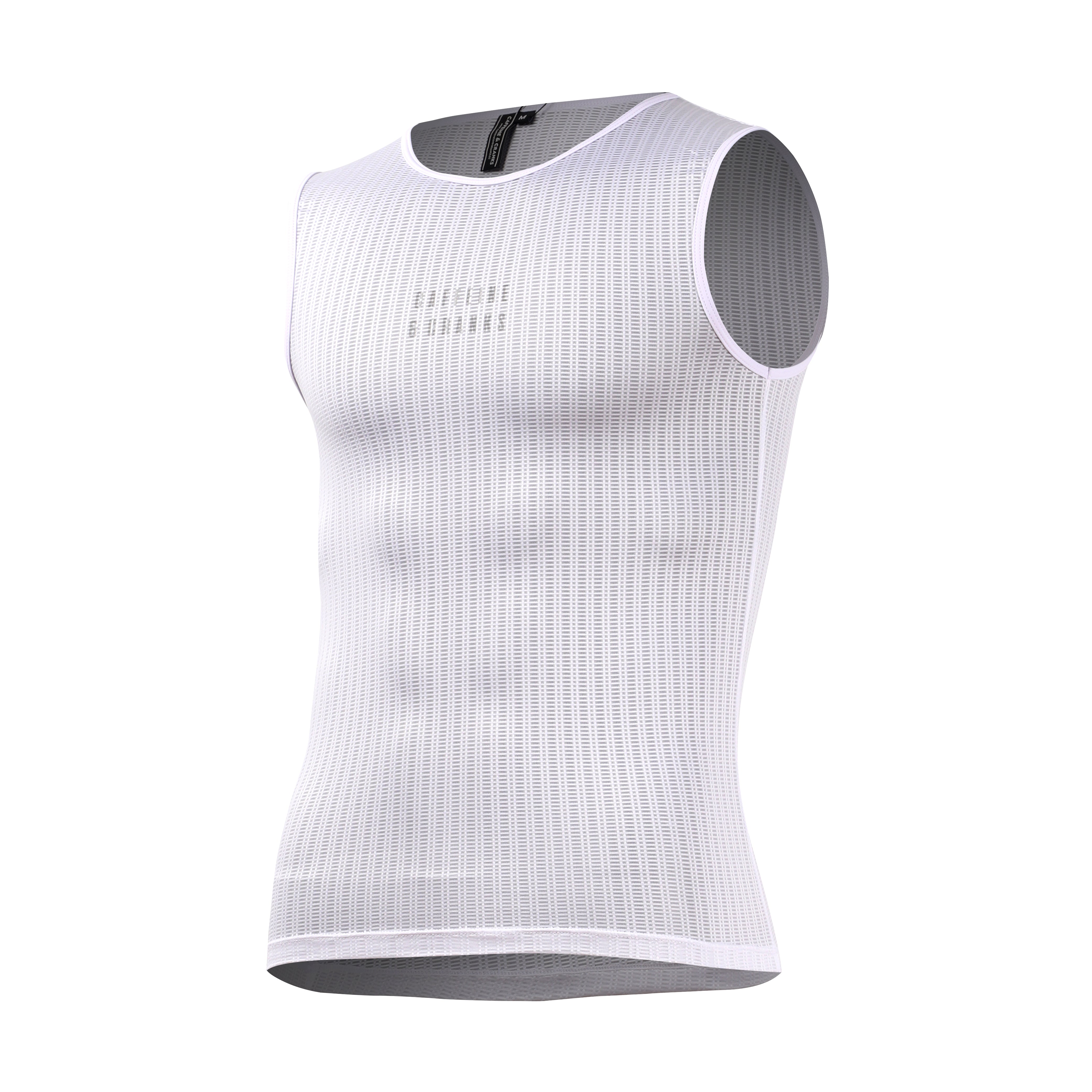 Men's white C&C Core Baselayer tank top with mesh texture & white trim.