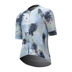 Men's C&C Overspray Jersey front view with scattered watercolor paint splash pattern in blue, white, & grey.