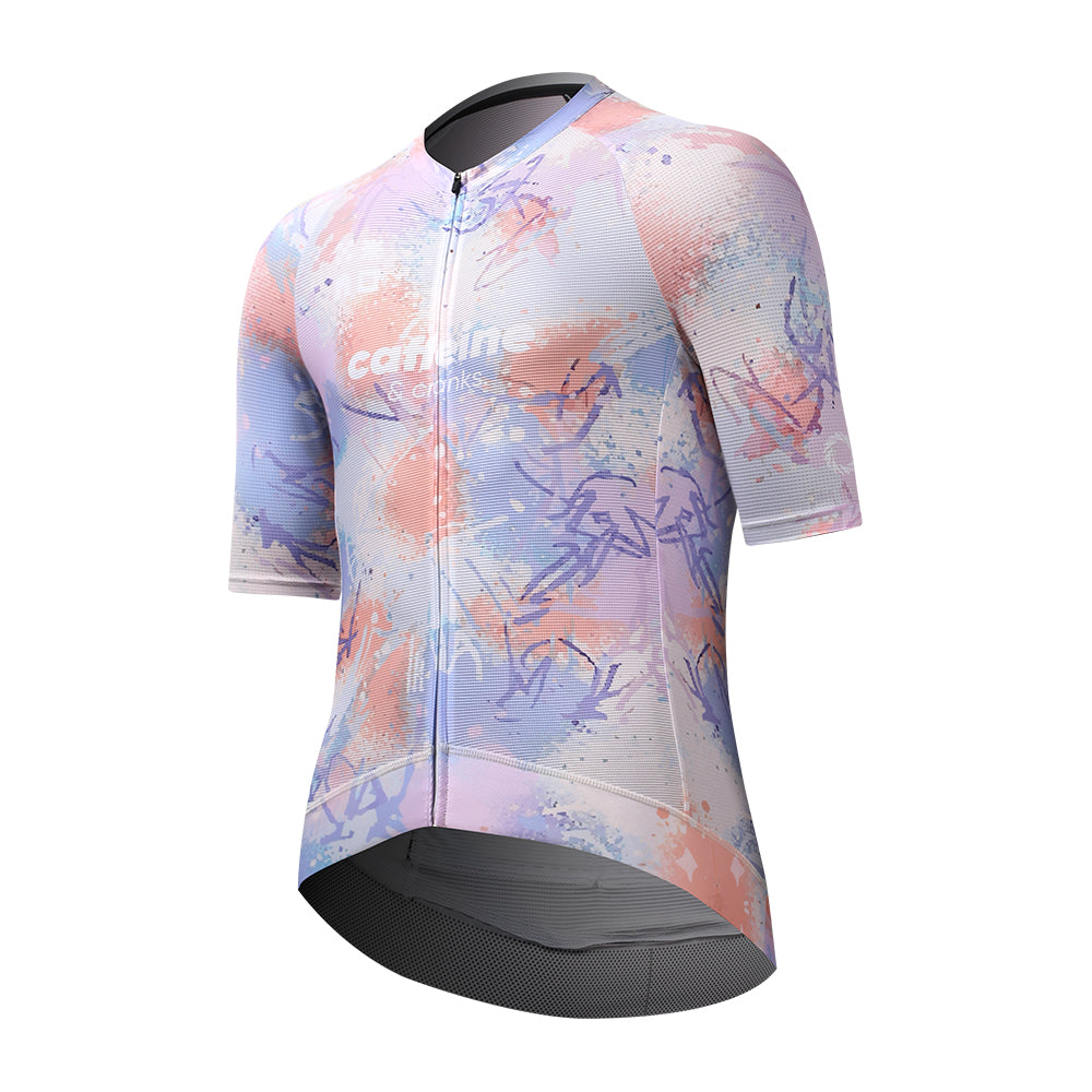 Men's C&C Vapour Jersey with abstract paint splatters in pastel pink, purple, & blue.