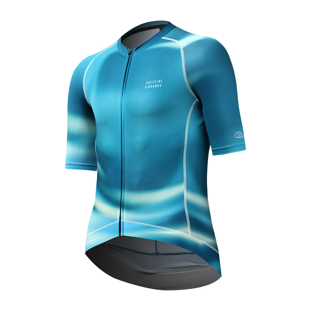 C&C Flux Jersey, men's short-sleeve cycling shirt, abstract blue & white vaporwave pattern.