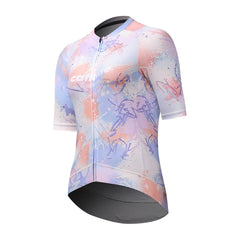Side view of women's C&C Vapour Jersey with pastel paint splatter pattern in pinks, blues, and purples.