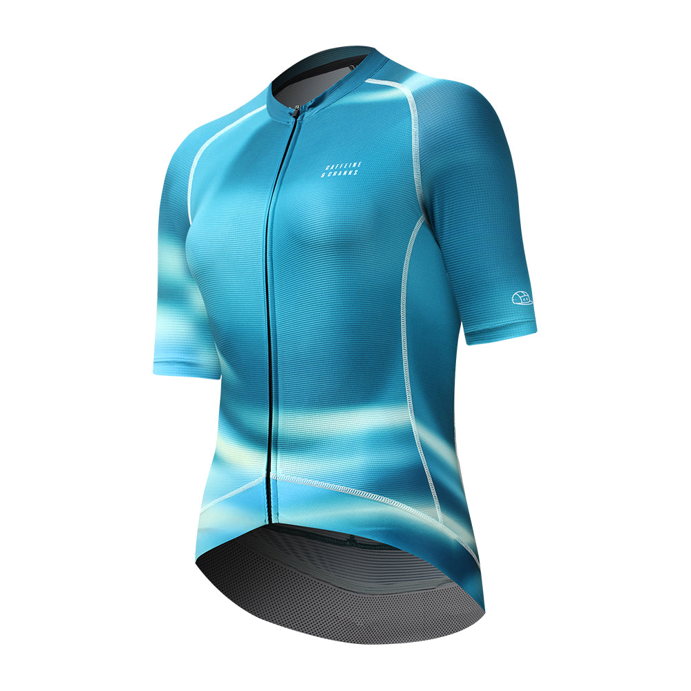 Front view of C&C Flux Jersey - Womens, in vibrant blue with white stripes and a full zip closure.