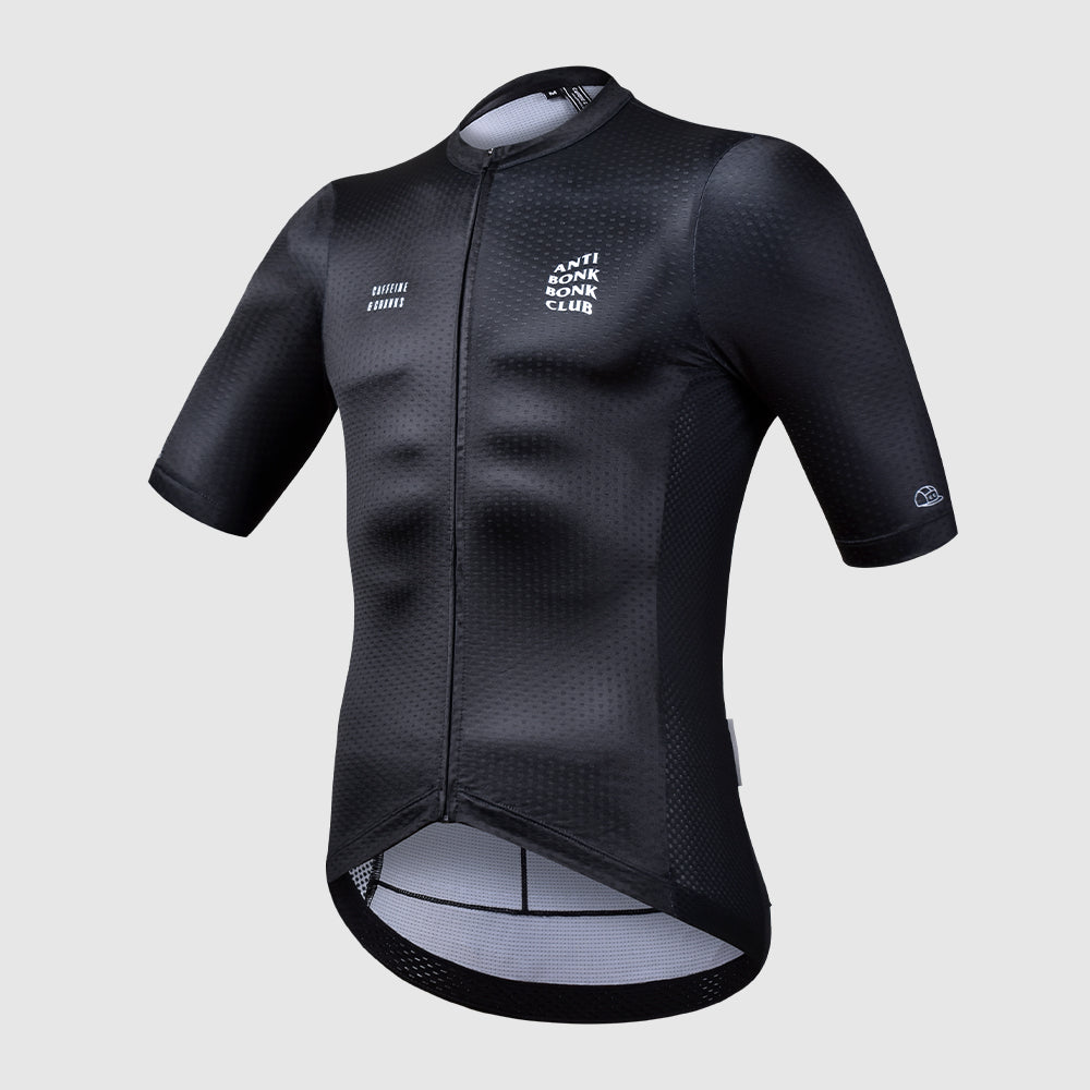 Front view of a men's dark C&C Bonk Club cycling jersey with white logo and textured fabric.