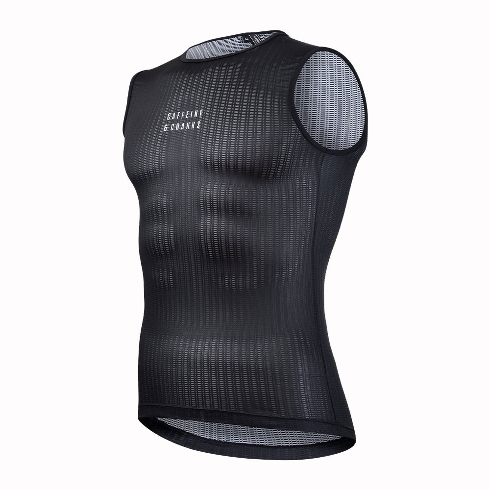 Mens black C&C Core Baselayer, sleeveless, with textured fabric and white logo.
