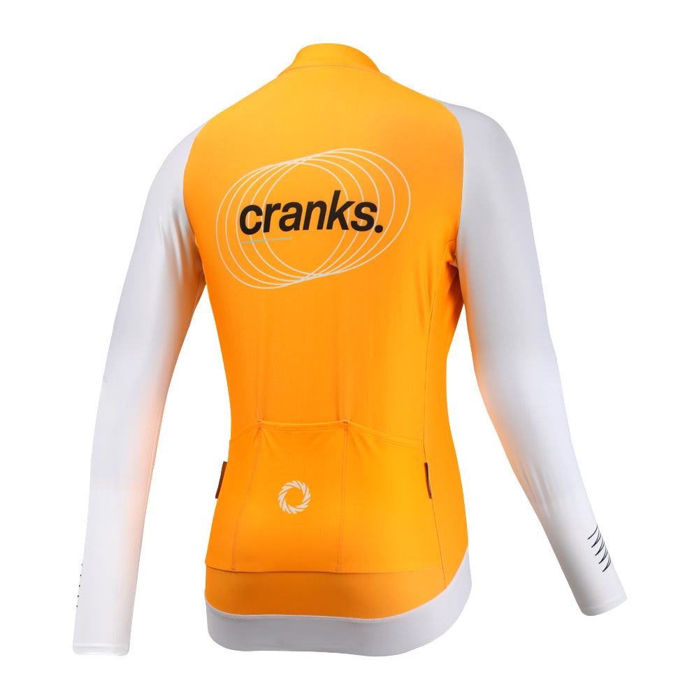 Back view of Pinnacle Solarflare men's thermal jersey in orange with white sleeves, features logo and pockets.