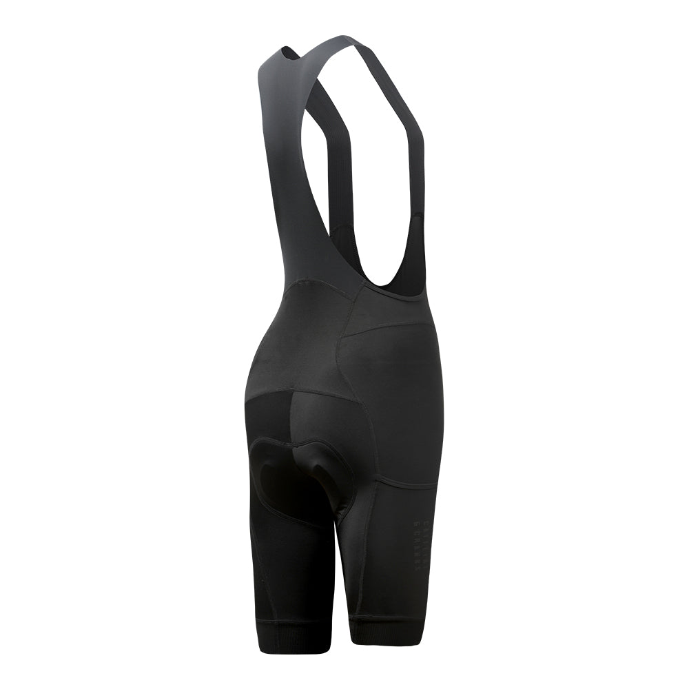 Women's black Stealth cargo bib shorts, shown from the side, featuring padded chamois & subtle logo.