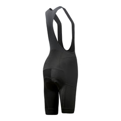 Women's black Stealth cargo bib shorts, shown from the side, featuring padded chamois & subtle logo.