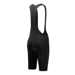 Side view of black men's cargo bib shorts with padded chamois and subtle logo detail.